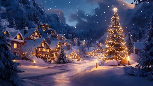 Snowy village street curves past illuminated Christmas tree