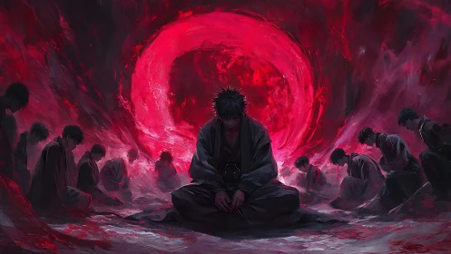 Samurai conclave beneath incandescent crimson eclipse vortex