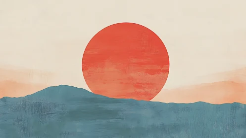 Minimalist digital painting of sun disc over cool ridge line.