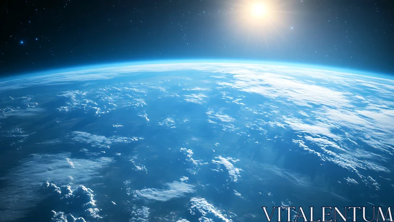 Curved Earth horizon with sunlit clouds viewed from space