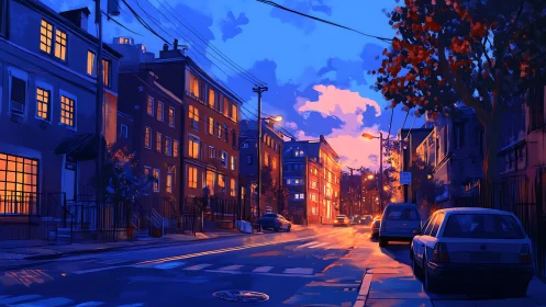 Urban residential street glows under saturated sunset lighting