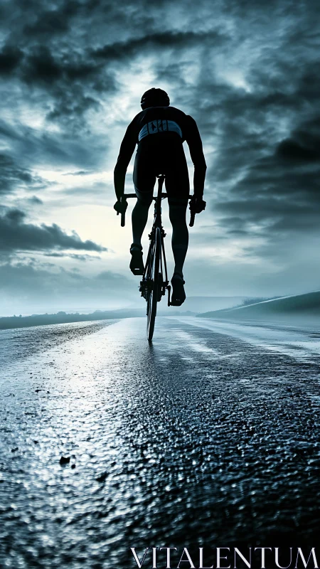 Lone cyclist chasing dawn along a gleaming wet road.