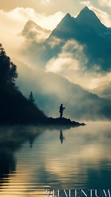 Solitary angler at misty alpine lake beneath towering peaks