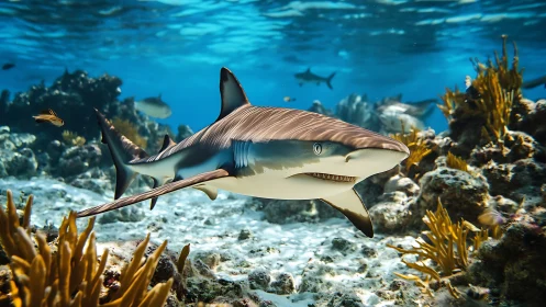 Reef shark swimming over coral seafloor in clear water.