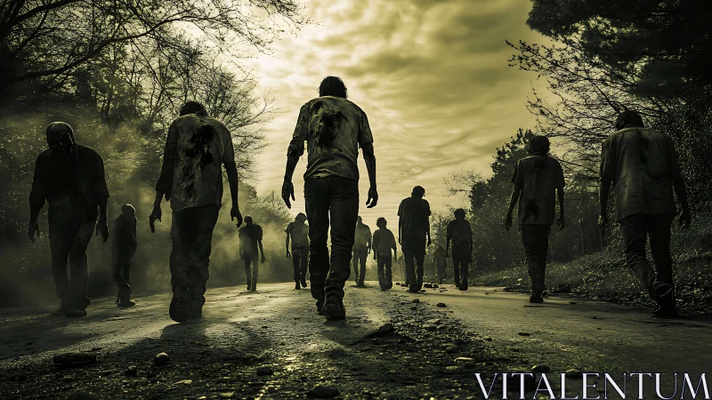 Zombie horde walks down deserted road at dusk.