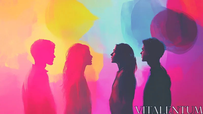 Silhouetted friends trade colors inside a glowing neon hush