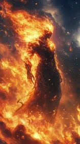 Fiery humanoid figure rising from swirling inferno flames.