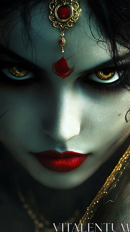 Mythic goddess portrait with gold headpiece and red bindi