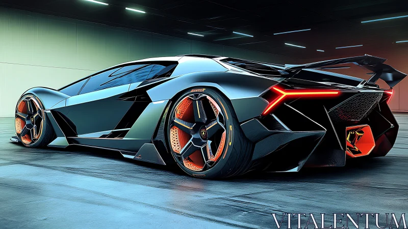 Futuristic hypercar under neon lights, angular rear profile.