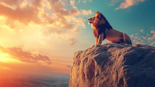 Solar-etched lion silhouetted on stratified cliff promontory.