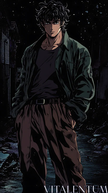 Curly haired male figure standing in dim urban alleyway.