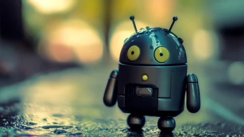 Small wet robot toy stands on blurred rainy street