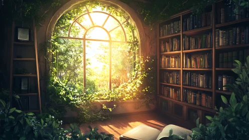 Sunlit ivy library interior integrates bookshelves and arched window