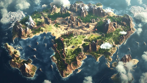 Aerial view of mountainous island settlement surrounded by sea