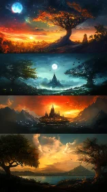 Moonlit realms and burning horizons in layered fantasy vistas.