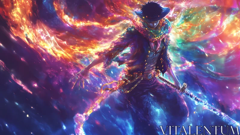 Spectral swordsman in chromatic plasma vortex field.