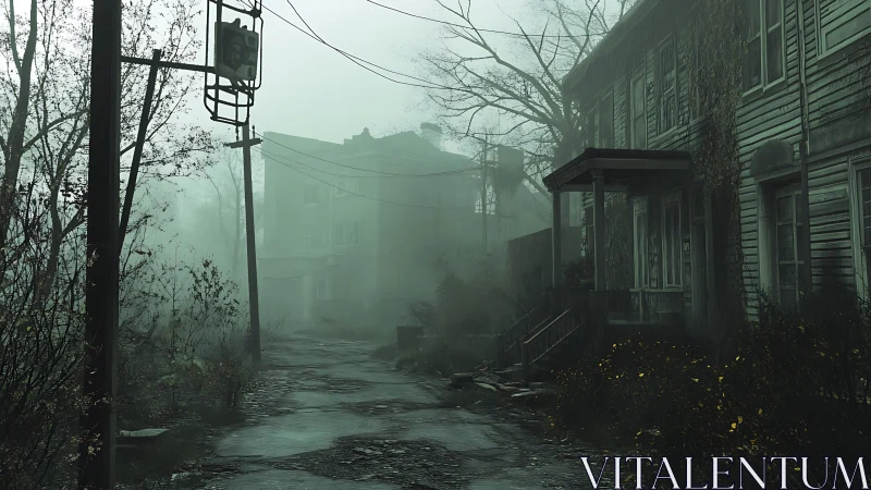 Foggy abandoned residential street with overgrown houses.