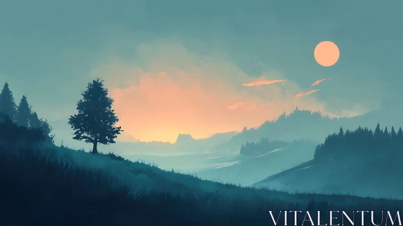 Solitary tree silhouettes against misty cyan mountains at dusk