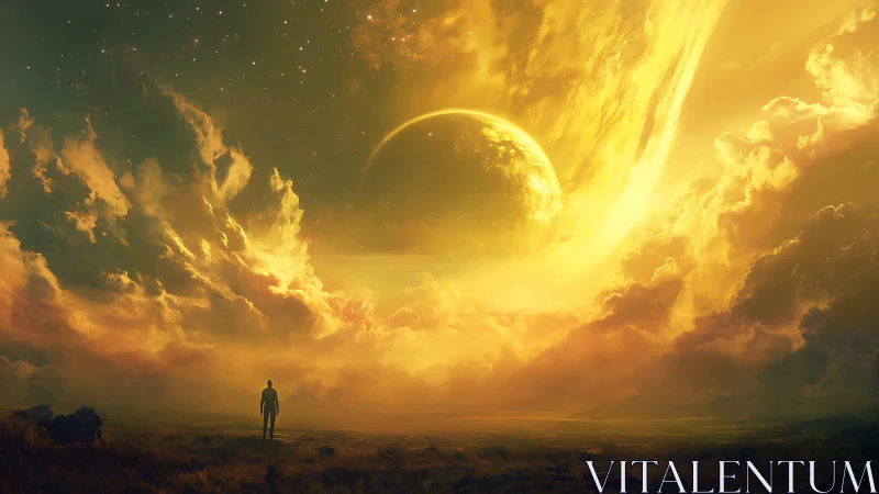 Solitary observer under luminous gas giant in saturated nebular sky