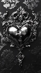 Ornate Sacred Heart with Baroque Cross Pendant Black White