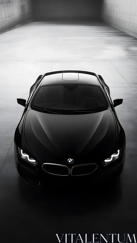 Black BMW coupe is parked in a minimal concrete tunnel