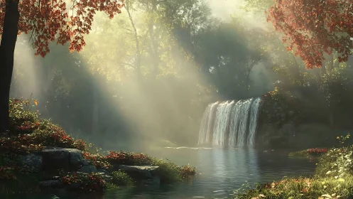 Gentle morning waterfall wrapped in quiet forest light.
