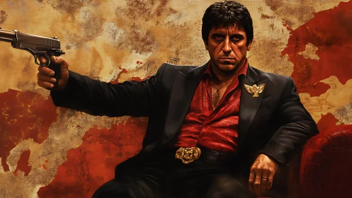 Brooding crime boss in red shirt against raw painted wall.