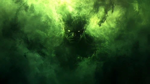 Mysterious green spirit emerging from swirling smoke.
