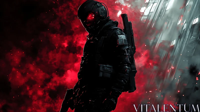 Cyberpunk commando silhouette in red tactical smoke field.