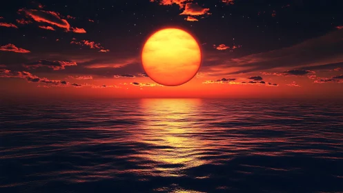 Fiery digital sunset descends over a tranquil reflective ocean