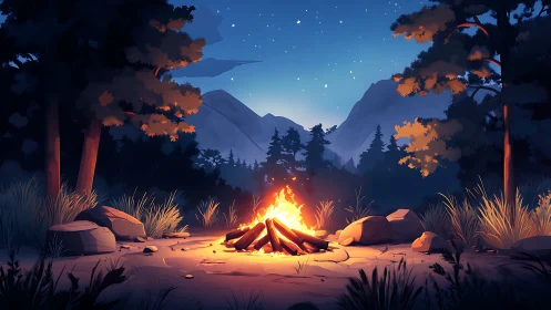 Campfire Under Starlit Mountains at Dusk.