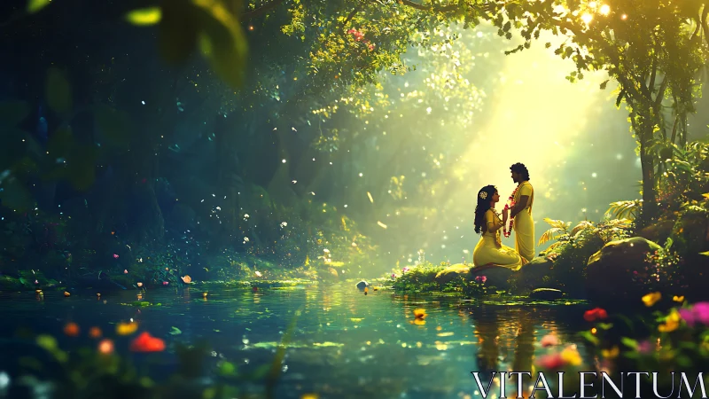 Enchanted Forest Stream with Two Figures in Golden Light.