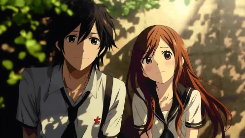 Anime students sitting outdoors in warm afternoon light.