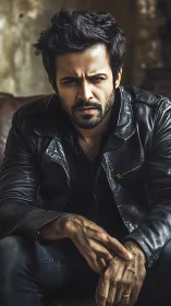 Brooding leather rebel in moody cinematic close-up portrait.