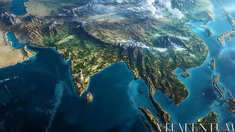 3D stylized India subcontinent map with coastal lighthouses.
