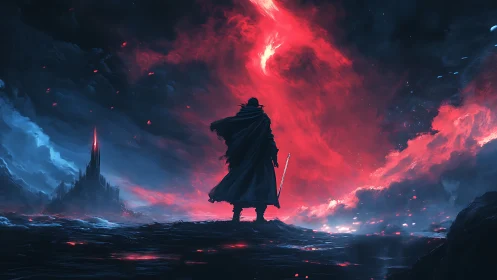 Lone cloaked warrior faces crimson cosmic rift sky
