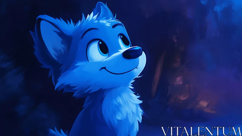 Blue cartoon wolf pup looks upward in soft night lighting