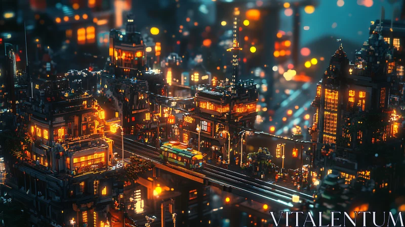 Voxel cyberpunk city glows around elevated tram line