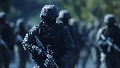 Forward tactical unit advancing through blurred woodland street.