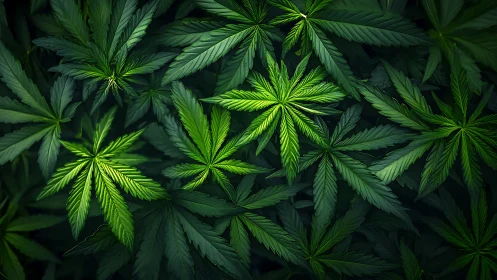 Cannabis plant foliage with radial leaf patterns in shade.