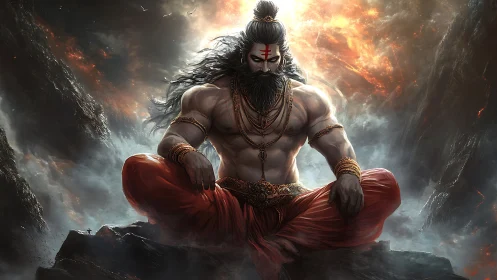 Firelit warrior sage meditates amid storming rocky void