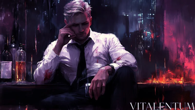 Brooding businessman drinks alone in neon city bar at night.