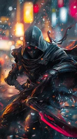 Hooded cyber ninja with glowing sword in rainy city streets.