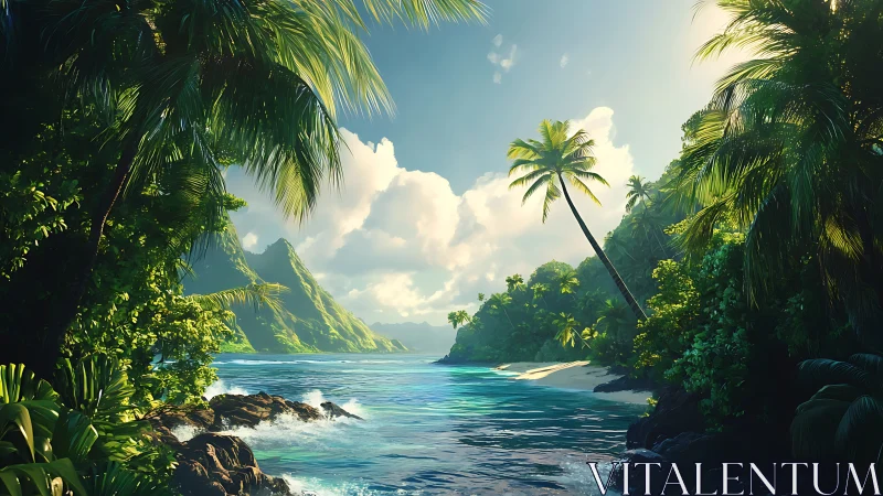 Tropical Cove with Palm Trees and Mountain Vista.