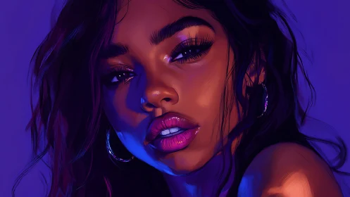 Digital painting portrait with neon violet cinematic lighting.