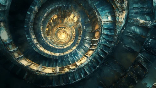 Spiral staircase of light leading toward a glowing mystery.