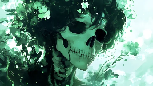 Digital painting of floral skull portrait in verdant bloom.