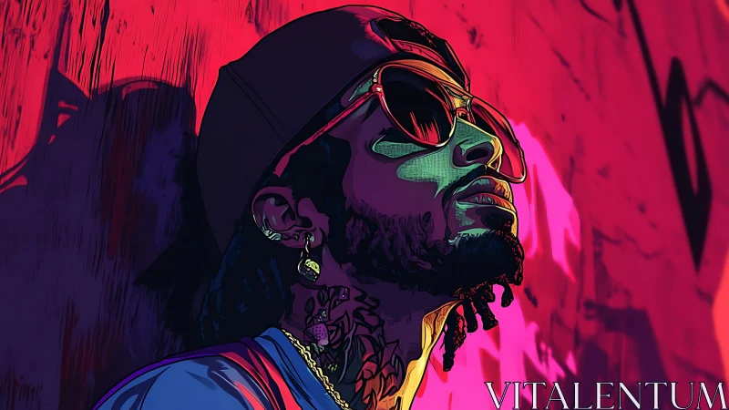 Neon rooftop dreamer bathing in electric magenta glow.