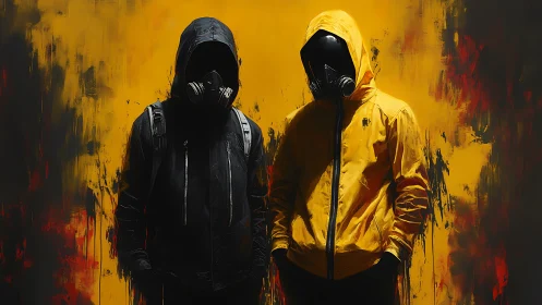 Hooded gas mask figures against abstract yellow red backdrop