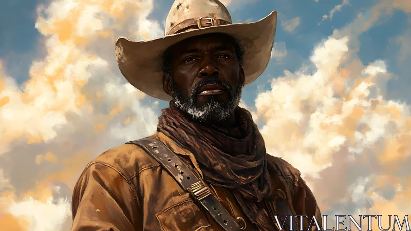 Weathered Black cowboy portrait under luminous cloudscape